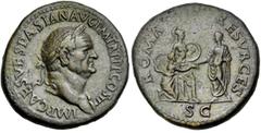 The Roman Empire Vespasian, 69 –79. Sestertius circa 71, Æ 36 mm, 26.83 g. IMP CAES VESPASIAN AVG P M TR P P P COS III Laureate head r. Rev. ROMA – RESVRCES Vespasian standing l., extending r. hand to