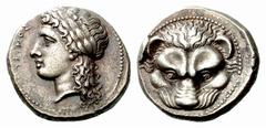 Greek Coins Rhegium Tetradrachm circa 320-300, AR 17.11 g. ΡΗΓΙΝΟΣ ??Laureate head of Apollo l., hair falling loose over neck. Rev. Lion’s head facing. SNG ANS 676 (these dies). SNG Lloyd 700 (these d