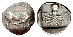 Greek Coins Euboea, Eretria Stater circa 500-465, AR 8.05 g. Cow standing r., head reverted, licking its r. hindhoof; below, E. Rev. Octopus; in upper field r., E. The whole within incuse square. SNG 