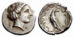 Greek Coins Olympia, Elis Stater, Hera 348, AR 12.02 g. Head of Hera r., wearing stephane and earring; at sides, F – A. Rev. Eagle standing l., with closed wings, head reverted. The whole within olive