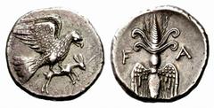 Greek Coins Olympia, Elis Drachm circa 250-210, AR 4.70 g. Eagle flying r. grasping hare in its talons. Rev. F – A Thunderbolt. Dewing 1096 (this obverse die). BCD 238 Olympia (these dies). Schwabache