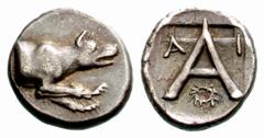 Greek Coins Argolis, Argos Triobol circa 420-370, AR 2.72 g. Forepart of wolf r. Rev. Large A between A and I; below crossbar, wreath. The whole within incuse square. Traité pl. CCXVI, 1 (these dies).