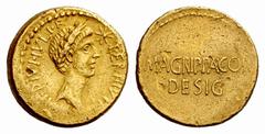 The Roman Republic Octavianus with M. Agrippa. Aureus, mint moving with Octavian 38 BC, AV 8.10 g. IMP·DIVI·IVLI·F· TER·III·VIR·R·P·C Laureate head of Julius Caesar r.; on forehead, star. Rev. M·AGRIP