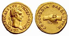 The Roman Empire Nerva, 96 – 98 Aureus 97, AV 7.39 g. IMP NERVA CAES AVG P M TR P COS III P P Laureate head r. Rev. CONCORDIA EXERCITVM Clasped hands. C 19. BMC –, note p. 4, 25. RIC 14. CBN 14. Calic