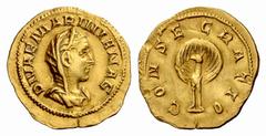 The Roman Empire Mariniana, wife of Valerian I Aureus 256, AV 3.35 g. DIVAE MARINIANAE Diademed, draped and veiled bust r. Rev. CONSECRATIO Peacock in splendour facing, head l. C 1. RIC 1. Calicó 3455