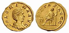 The Roman Empire Salonina, wife of Gallienus Aureus 256-257, AV 2.26 g. SALONINA AVG Diademed and draped bust r. Rev. PIETAS AVGG Pietas seated l., holding sceptre and extending r. to two children sta