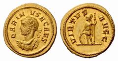 The Roman Empire Carinus caesar, 282 – 283 Heavy Quinarius 282, AV 2.90 g. CARIN – VS N CAES Laureate and cuirassed bust l. Rev. VIRTVS AVGG Soldier standing l., leaning on shield and holding spear. C