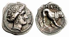 Auction 46 Part II Greek Coins Gallia, Massalia Heavy drachm circa 370-360, AR 3.61 g. Laureate female head r. Rev. Lion advancing r. De la Tour 786. Brenot-Sias, Fonds Général p. 37, 1/1.Rare. Toned,