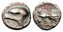 Auction 46 Part II Greek Coins Elis, Olympia Stater 408, unsigned die by Da…, AR 11.43 g. Eagle’s head l.; below, large white poplar leaf l. Rev. F – A Winged thunderbolt upright. Delepierre 2111 (thi