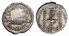 The Barry Feirstein Collection Part IV The Roman Republic Marcus Antonius. Denarius, mint moving with Mark Antony (Patrae ?) 32-31, AR 3.65 g. ANT AVG - III· VIR·R·P·C Galley r., with sceptre tied wit