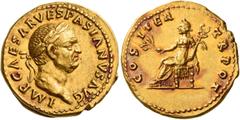 The Roman Empire Vespasian, 69 – 79 Aureus 70, AV 7.32 g. IMP CAESAR VESPASIANVS AVG Laureate head r. Rev. COS ITER – TR POT Pax seated l., holding branch and caduceus. C –. BMC 23. RIC 28. CBN 398. F