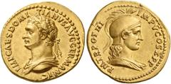 The Roman Empire Domitian augustus, 81 – 96 Aureus 84, AV 7.77 g. IMP CAES DOMI – TIANVS AVG GERMANIC Laureate and draped bust l. Rev. P M TR POT III – IMP V COS X P P Helmeted and draped bust of Mine