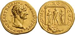 The Roman Empire Hadrian augustus, 117 – 138 Aureus 121-123, AV 7.11 g. IMP CAESAR TRAIAN H – ADRIANVS AVG Laureate head r. Rev. P M T – R P – COS III Hercules standing facing in distyle temple, head 