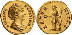 The Roman Empire Diva Faustina I, wife of Antoninus Pius Aureus after 141, AV 7.26 g. DIVA AVG – FAVSTINA Draped bust r., hair coiled on top of head. Rev. AETER – NITAS Fortuna standing l., holding pa