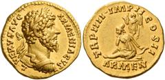 The Roman Empire Lucius Verus, 161 - 169 Aureus 163-164, AV 7.29 g. ·L·VERVS AVG – ARMENIACVS Laureate and cuirassed bust r. Rev. TR P IIII ·IMP II – COS II Armenia seated l., l. hand resting on bow a