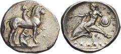 Greek Coins Calabria, Tarentum Nomos circa 340-325, AR 7.93 g. Horse standing r. crowned by rider and lifting l. front leg for boy kneeling to remove stone; in r. field, Φ. Rev. ΤΑΡ – ΑΣ Dolphin rider
