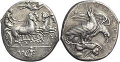 Greek Coins Agrigentum Tetradrachm signed by engraver Myron circa 410-406, AR 17.08 g. Fast quadriga driven r. by charioteer holding kentron and reins; above, Nike flying l., holding wreath and below,