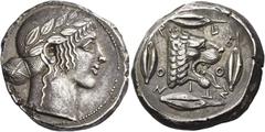 Greek Coins Leontini Tetradrachm circa 455-450, AR 17.12 g. Laureate head of Apollo r. Rev. LE – O – N – TI – NO – N Lion's head r., with jaws open and tongue protruding; around, four barley grains. D