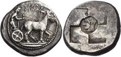 Greek Coins A Very Important Series of Coins of Syracuse mostly from a Distinguished European Collector Tetradrachm circa 510-500, AR 17.28 g. ΣΥΡΑΚΟ / ΣΙΩΝ Slow quadriga driven r. by charioteer, wear