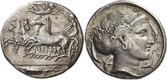 Greek Coins A Very Important Series of Coins of Syracuse mostly from a Distinguished European Collector Tetradrachm, unsigned but attributed to Eukleidas circa 413-399, AR 17.33 g. Fast quadriga drive