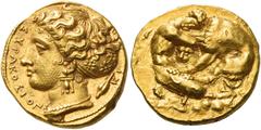 Greek Coins A Very Important Series of Coins of Syracuse mostly from a Distinguished European Collector Double decadrachm or 100 litrae signed by Kimon circa 405-400, AV 5.76 g. ΣYPAKOΣIΩN Head of the