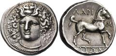 Greek Coins Thessaly, Larissa Didrachm 350-300, AR 12.22 g. Head of the nymph Larissa facing three-quarters l., wearing ampyx, earring and necklace. Rev. ΛAPI – Σ / AIΩN Bridled horse advancing r., r.