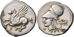 Greek Coins Corinthia, Corinth Stater, circa 345-307, AR 8.65 g. Pegasus flying l.; below, [koppa]. Rev. Head of Athena l., wearing wreathed Corinthian helmet and necklace; behind, chimera. Below, A –