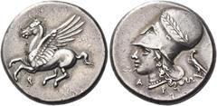 Greek Coins Corinthia, Corinth Stater circa 345-307, AR 8.54 g. Pegasus flying l.; below, [koppa]. Rev. Head of Athena l., wearing wreathed Corinthian helmet; behind, eagle. Below, A – P. Ravel 1008. 