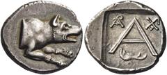 Greek Coins Argolis, Argos Triobol circa 80-50, AR 2.40 g. Forepart of wolf r. Rev. Two monograms above large A beneath which, jawbone r. All within incuse square. BMC –. Yakounchikoff p. 5, pl. I, 7.