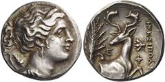Greek Coins Ionia, Ephesus Octobol, Egesipolis magistrate circa 340-325, AR 5.04 g. Bust of Artemis r., holding quiver and bow over far shoulder. Rev. Ε – Φ Forepart of stag r. with head l.; in l. fie