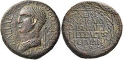 Greek Coins Kings of Armenia, Aristobulus and Salome, 54 – 72 Bronze, struck under Nero circa 66-67, Æ 13.75 g. BACIΛEΩC APICTOBOYΛOY [E]T IΓ Diademed head l. Rev. NEPΩ / NI KΛAY / ΔIΩ KΛAICA / PI CEB