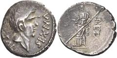 The Roman Republic Sextus Pompeius Magnus Pius. Denarius, Southern Spain 44, AR 3.85 g. SEX MAG[N – IMP] SAL Bare head of Cnaeus Pompeius r. Rev. PIETA[S] Pietas standing l., holding palm branch and t
