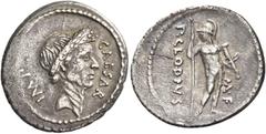 The Roman Republic C. Iulius Caesar and P. Clodius. Denarius 42, AR 3.89 g. IMP – CAESAR Wreathed head of Caesar r. Rev. P CLODIVS – M F Mars standing facing, head turned l., wearing helmet and holdin