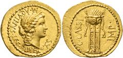 The Roman Republic C. Cassius and M. Aquinus. Aureus, mint moving with Cassius (possibly Smyrna) 43-42, AV 8.07 g. M·AQVINVS·LEG· – LIBER – TAS Diademed head of Libertas r. Rev. C·CASSI – IMP· Tripod 