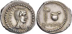 The Roman Republic M. Junius Brutus and L. Plaetorius Caestianus. Denarius, mint moving with Brutus 43-42, AR 3.77 g. L·PLAET.CEST Laureate, draped and veiled bust of Ceres r., surmounted by polos. Re