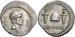 The Roman Republic Marcus Junius Brutus and L. Plaetorius Caestianus. Denarius, Northern Greece 43-42 BC, AR 3.45 g. BRVT IMP L·PLAET·CEST Bare head of Brutus r. Rev. EID·MAR Pileus between two dagger