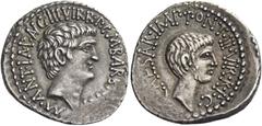 The Roman Republic Octavianus and Marcus Antonius. Denarius, mint moving with Octavian 39, AR 3.75 g., 12h. M·ANT·IMP·AVG·III·VIR·R·P C·M·BARB Head of M. Antonius r. Rev. CAESAR·IMP·PONT·III·VIR· R·P·