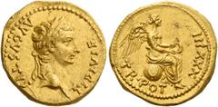 The Roman Empire Tiberius augustus, 14 – 37 Quinarius, Lugdunum 25-26, AV 3.90 g. TI DIVI F – AVGVSTVS Laureate head r. Rev. TR POT – XXXIII Victory seated r. on globe, holding wreath in both hands. C