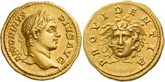 The Roman Empire Caracalla Augustus, 198 – 211 Aureus circa 207, AV 7.28 g. ANTONINVS – PIVS AVG Laureate head r. Rev. PROVIDENTIA Winged head of Medusa facing. C –. BMC –. RIC –, cf. 164 (denarius). 