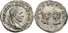 The Roman Empire Philip I, 244 – 249 Denarius circa 244-247, AR 3.08 g. IMP M IVL PHILIPPVS AVG Laureate, draped and cuirassed bust r. Rev. PIETAS AVGG Confronted busts of Philip II, draped, cuirassed