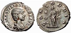 Impero Romano Aquilia Severa, seconda moglie di Elagabalo Denario 220 ed oltre,  AR 3,26 g.  IVLIA AQVILIA SEVERA AVG  Busto drappeggiato a d.  Rv. CONCORDIA  La Concordia, drappeggiata, stante di fro
