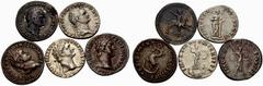 Impero Romano Lotti multipli di monete dell’Impero romano Lotto di cinque monete di Domiziano.  Denario 77-78,  AR 3,41 g.  C 49.  RIC Vespasiano 957.  BMC Vespasiano 235.  -  Denario 79,  AR 3,68 g. 
