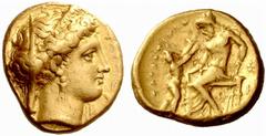 A remarkable selection of Greek Coins Calabria, Tarentum Stater circa 333-331/0, AV 8.52 g. TAPA Veiled and diademed head of Hera r., wearing earring and necklace; below chin, dolphin swimming downwar