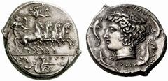 A remarkable selection of Greek Coins Syracuse Tetradrachm signed by Euth and Eumenos circa 405, AR 17.28 g. Fast quadriga driven r. by winged young god, holding reins with both hands; above, Nike fly