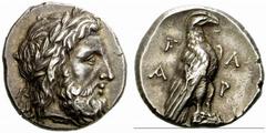 A remarkable selection of Greek Coins Elis, Olympia Stater 340, AR 12.06 g. Laureate head of Zeus r. Rev. F – A / A – P Eagle, with closed wings, perched r. on the head of a ram. Kraay-Hirmer pl. 158,