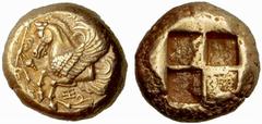 A remarkable selection of Greek Coins Lampsacus Stater circa 412, EL 14.93 g. Forepart of Pegasus l.; below, ‡. All within vine wreath. Rev. Quadripartite incuse square. SNG France 1112 (these dies). 