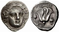 A remarkable selection of Greek Coins Islands off Caria, Rhodes Tetradrachm circa 380, AR 15.23 g. Head of Helios facing three-quarters r. Rev. ΡΟΔ − ΙΟΝ ??Rose with bud to l.; in field r., corn ear a