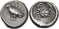 Greek Coins Greek Coins. Sicily, Agrigentum. Didrachm circa 495-485, AR 7.51 g. AKPA Sea eagle standing l. Rev. Crab within shallow incuse circle. SNG Münich 40 (this obverse die). SNG Fitzwilliam 900