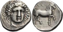 Greek Coins Greek Coins. Larissa. Drachm circa 380-365, AR 6.06 g. Head of the nymph Larissa facing three-quarters r. Rev. ΛAPI Horse advancing r. Lorber, Early, Group I, O57/R3. BCD Thessaly 1431.3 (