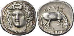 Greek Coins Greek Coins. Larissa. Drachm circa 365-340, AR 6.06 g. Head of the nymph Larissa facing three-quarters l., wearing ampyx and necklace. Rev. ΛAPIΣ – AIΩN Horse preparing to roll r. Herrmann